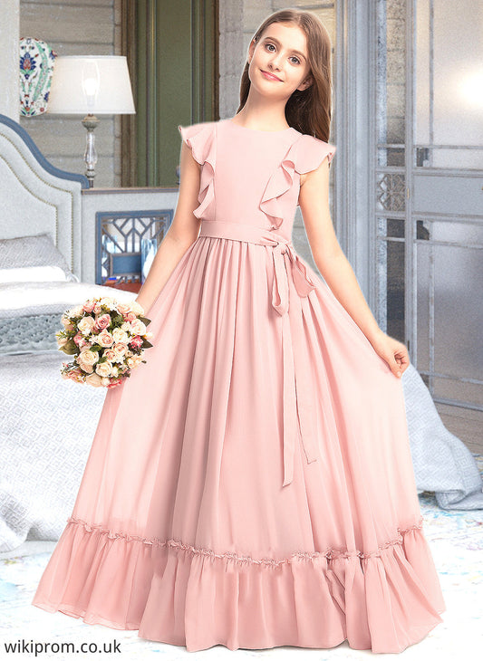 Jadyn A-Line Scoop Neck Floor-Length Chiffon Junior Bridesmaid Dress With Bow(s) Cascading Ruffles SWKP0013375