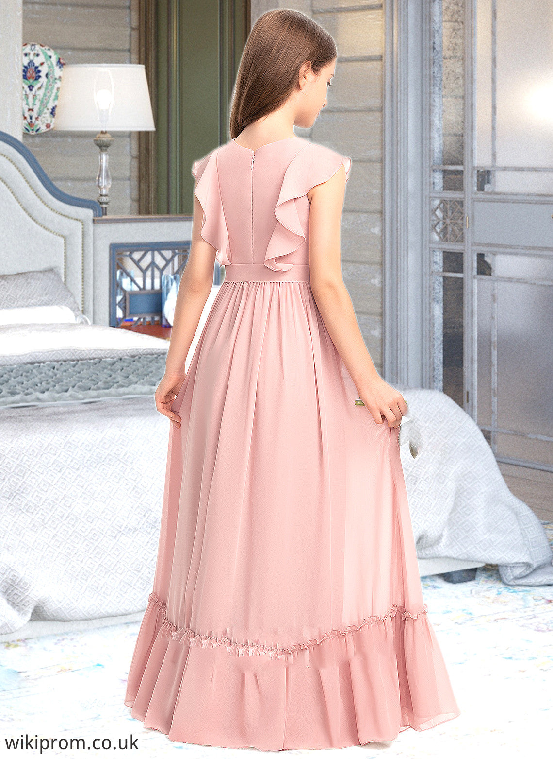 Jadyn A-Line Scoop Neck Floor-Length Chiffon Junior Bridesmaid Dress With Bow(s) Cascading Ruffles SWKP0013375