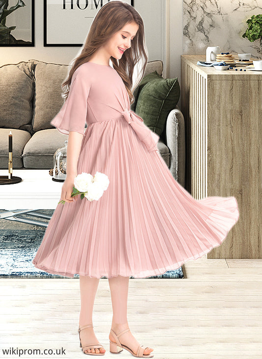 Jewel A-Line Scoop Neck Knee-Length Chiffon Junior Bridesmaid Dress With Bow(s) Pleated SWKP0013377