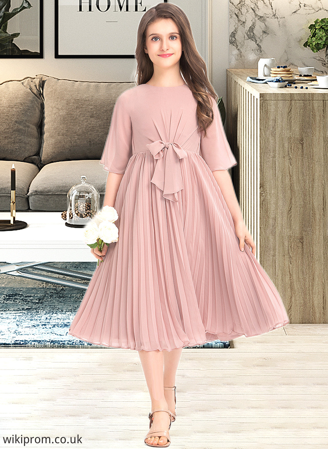 Jewel A-Line Scoop Neck Knee-Length Chiffon Junior Bridesmaid Dress With Bow(s) Pleated SWKP0013377