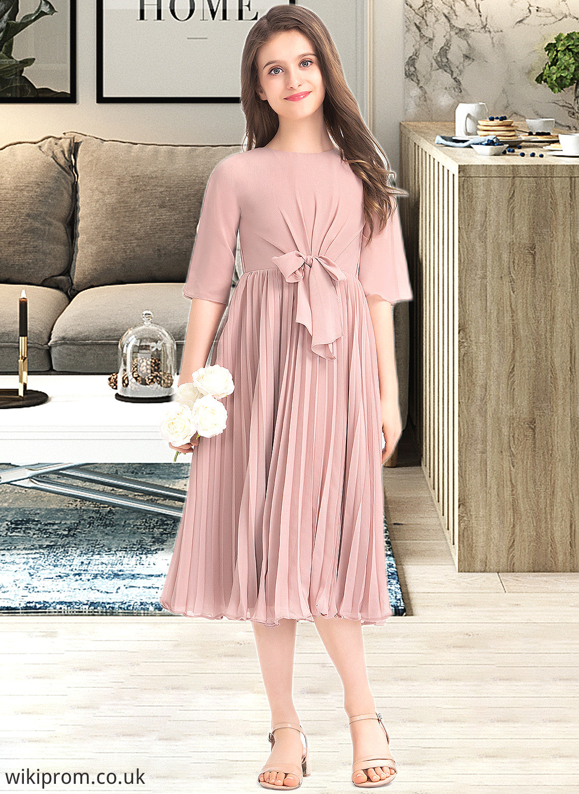 Jewel A-Line Scoop Neck Knee-Length Chiffon Junior Bridesmaid Dress With Bow(s) Pleated SWKP0013377