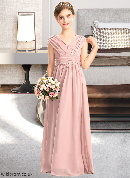 Aleena A-Line V-neck Floor-Length Chiffon Junior Bridesmaid Dress With Ruffle Bow(s) SWKP0013378