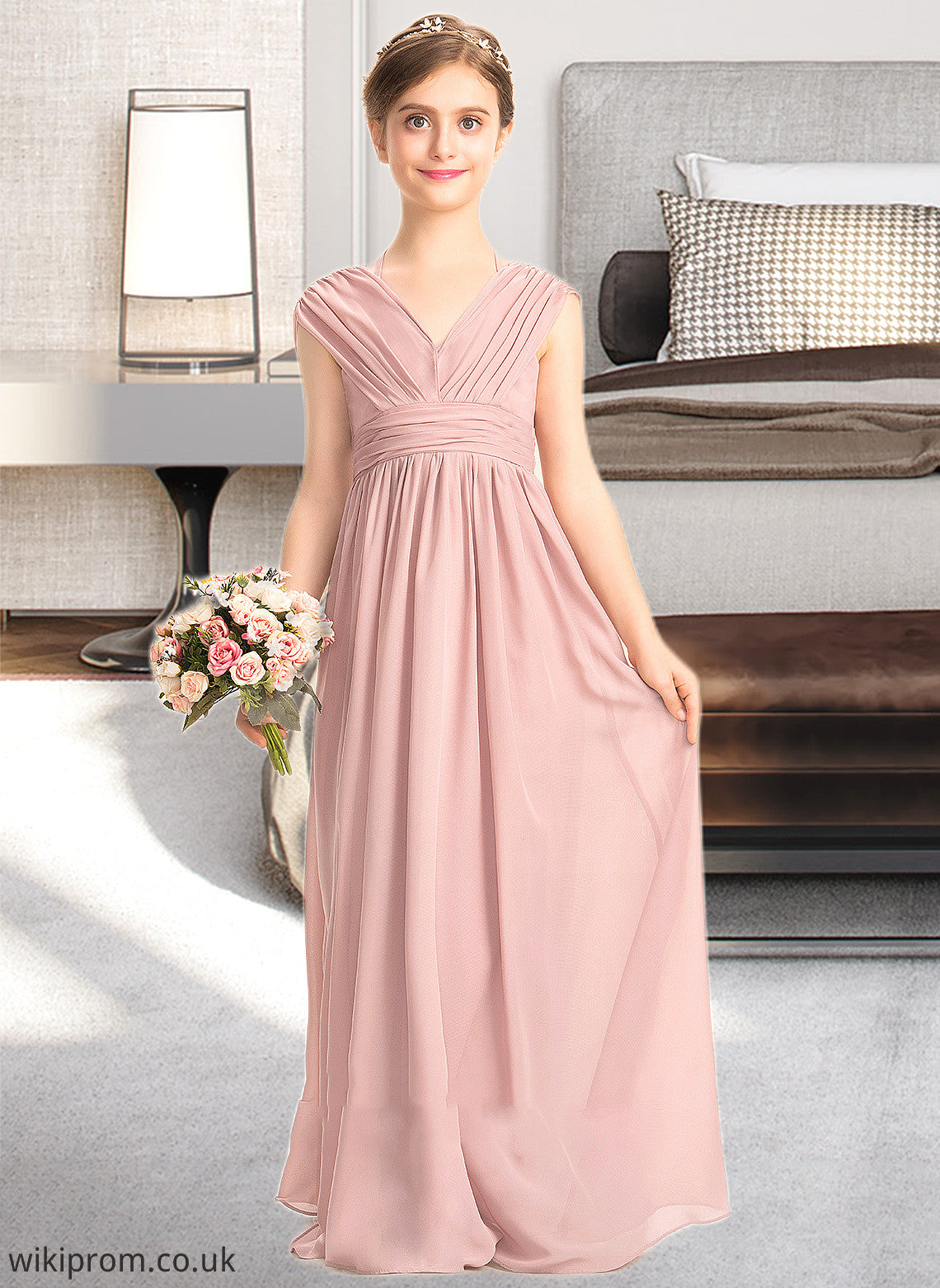 Aleena A-Line V-neck Floor-Length Chiffon Junior Bridesmaid Dress With Ruffle Bow(s) SWKP0013378