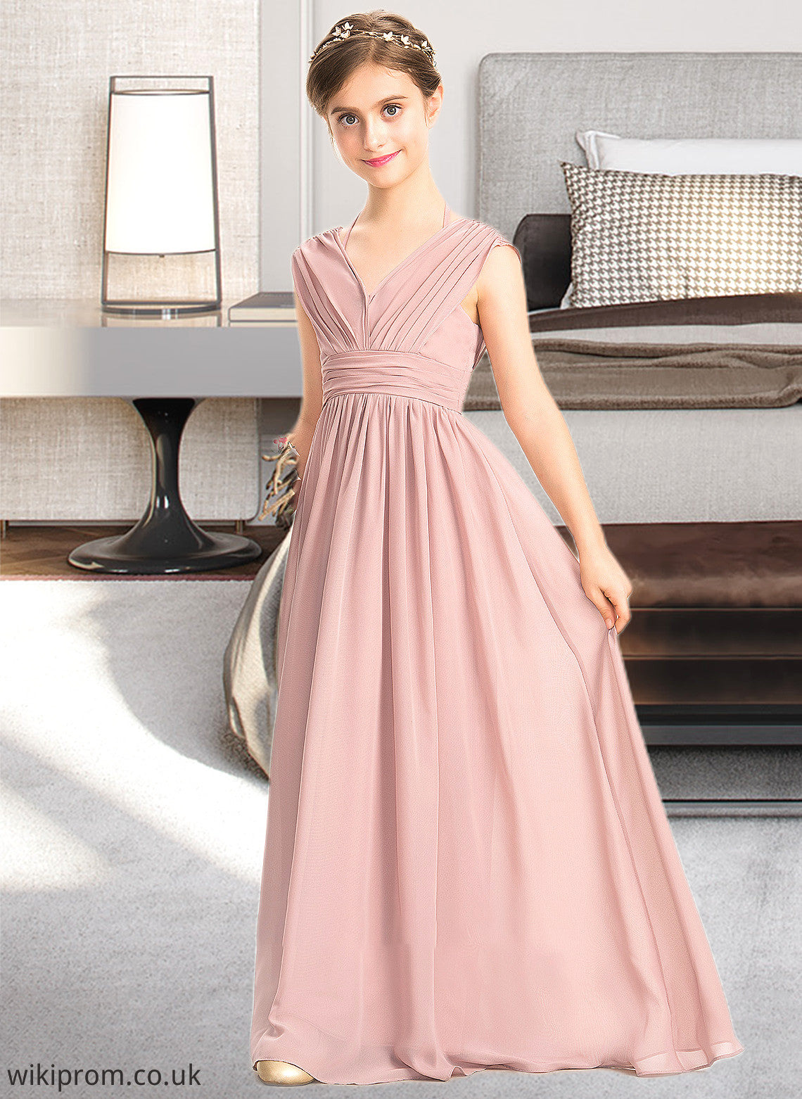 Aleena A-Line V-neck Floor-Length Chiffon Junior Bridesmaid Dress With Ruffle Bow(s) SWKP0013378