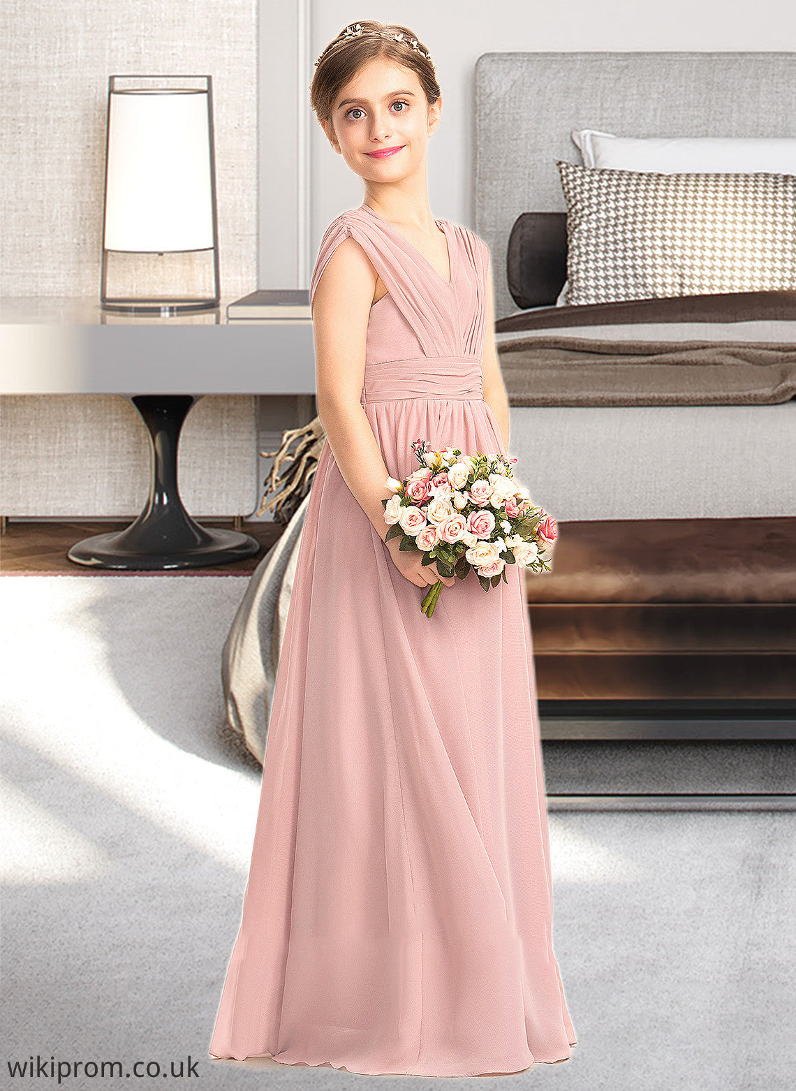 Aleena A-Line V-neck Floor-Length Chiffon Junior Bridesmaid Dress With Ruffle Bow(s) SWKP0013378