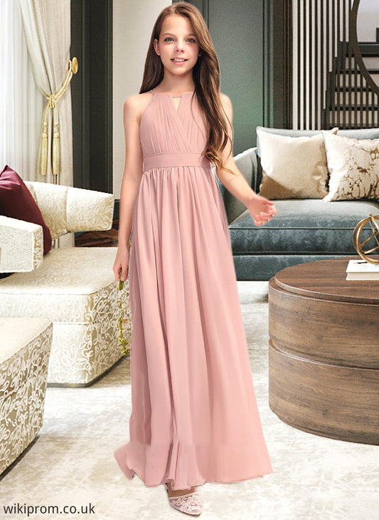 Janet A-Line Scoop Neck Floor-Length Chiffon Junior Bridesmaid Dress With Ruffle Bow(s) SWKP0013380