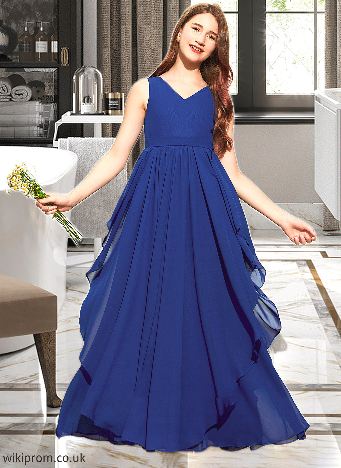 Rita A-Line V-neck Floor-Length Chiffon Junior Bridesmaid Dress With Cascading Ruffles SWKP0013381