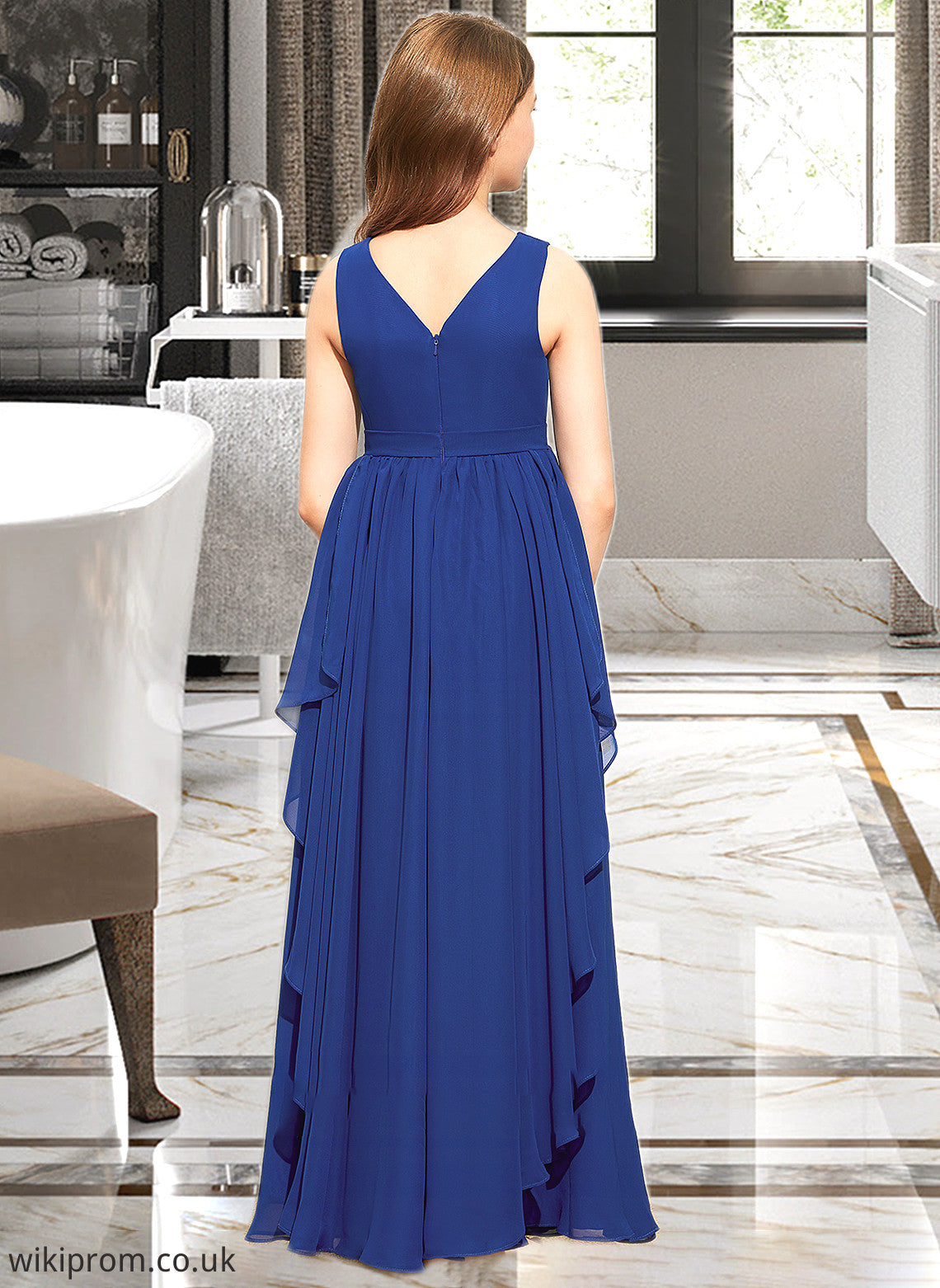 Rita A-Line V-neck Floor-Length Chiffon Junior Bridesmaid Dress With Cascading Ruffles SWKP0013381