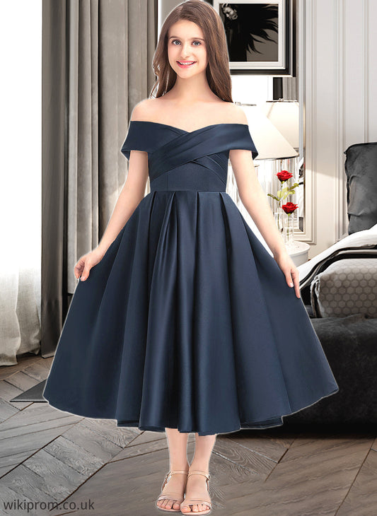 Luciana A-Line Off-the-Shoulder Tea-Length Satin Junior Bridesmaid Dress With Ruffle Pockets SWKP0013383