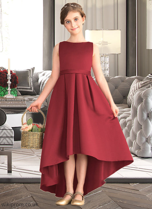 Theresa A-Line Scoop Neck Asymmetrical Satin Junior Bridesmaid Dress With Ruffle Pockets SWKP0013385