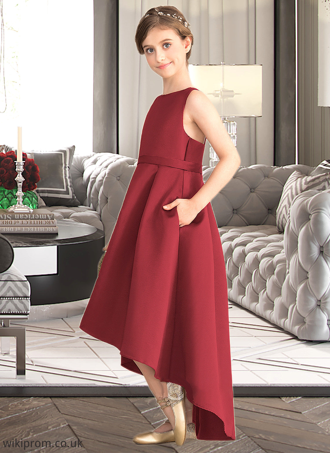 Theresa A-Line Scoop Neck Asymmetrical Satin Junior Bridesmaid Dress With Ruffle Pockets SWKP0013385