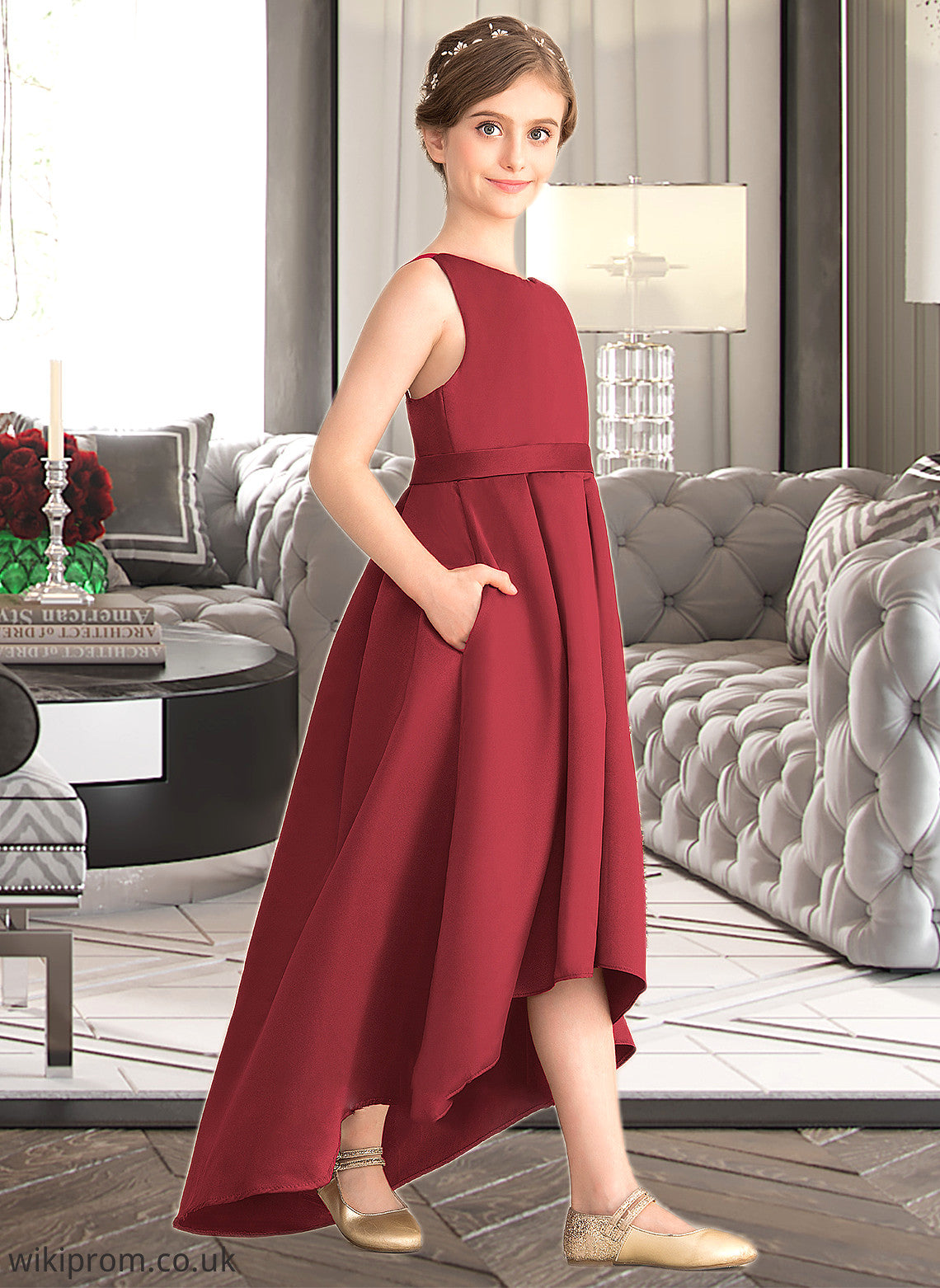 Theresa A-Line Scoop Neck Asymmetrical Satin Junior Bridesmaid Dress With Ruffle Pockets SWKP0013385