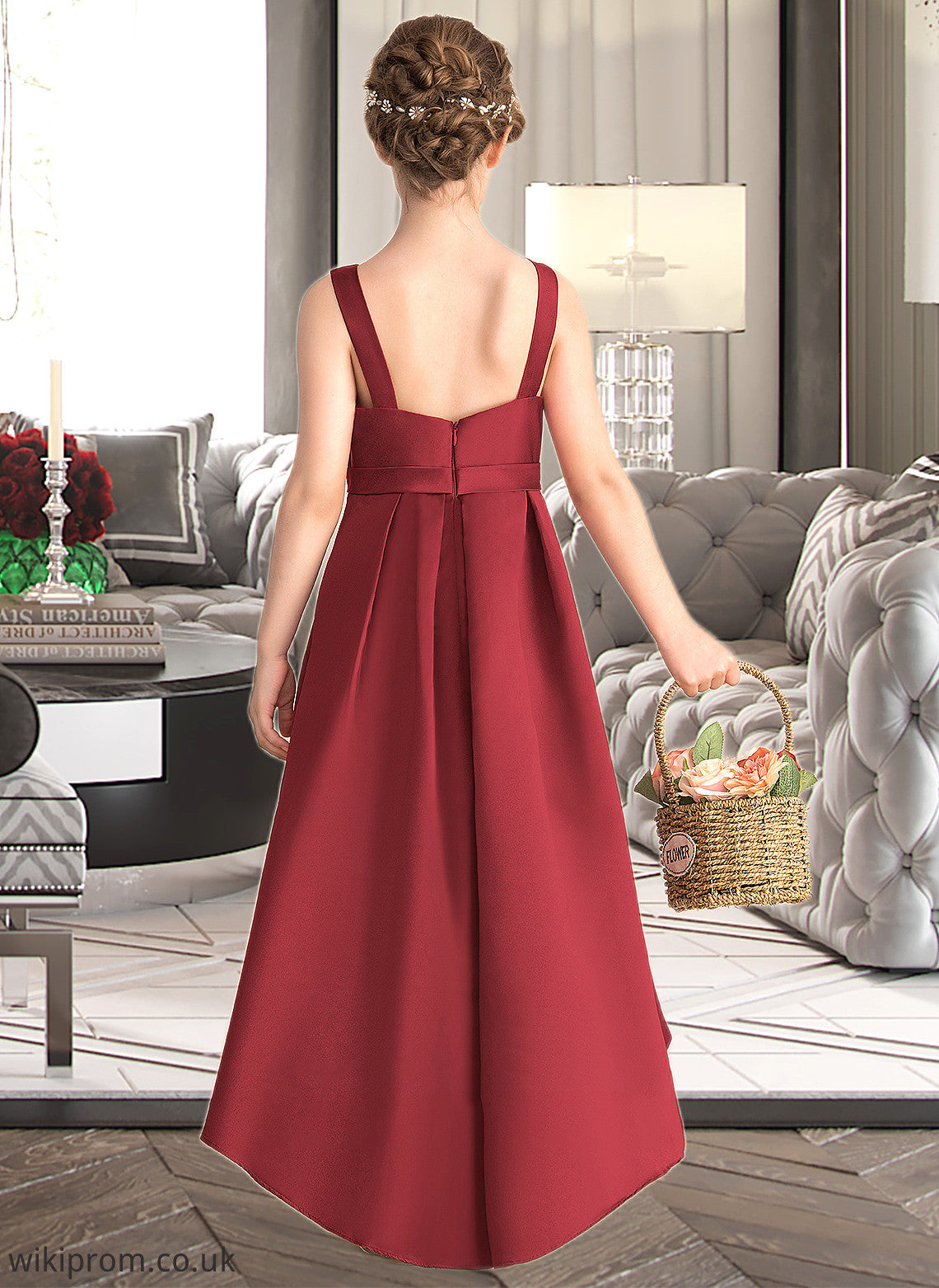 Theresa A-Line Scoop Neck Asymmetrical Satin Junior Bridesmaid Dress With Ruffle Pockets SWKP0013385