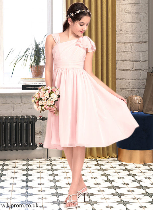 Kamila A-Line V-neck Knee-Length Chiffon Junior Bridesmaid Dress With Cascading Ruffles SWKP0013386