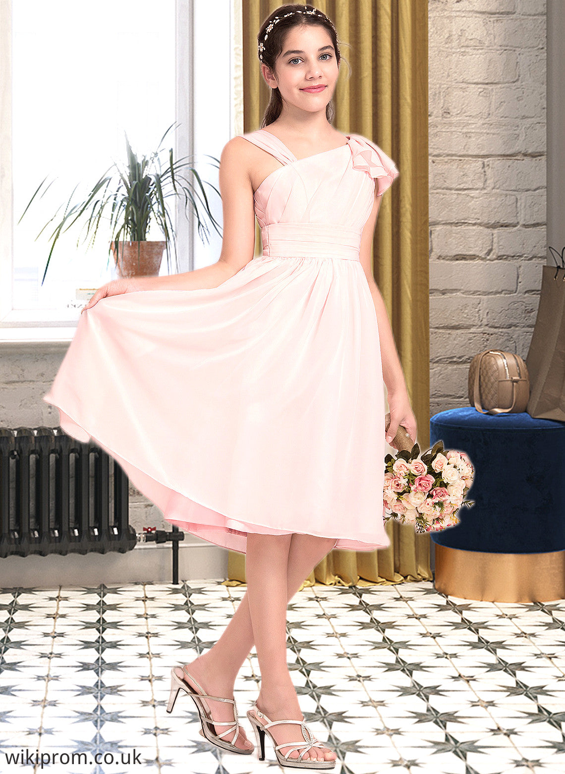 Kamila A-Line V-neck Knee-Length Chiffon Junior Bridesmaid Dress With Cascading Ruffles SWKP0013386