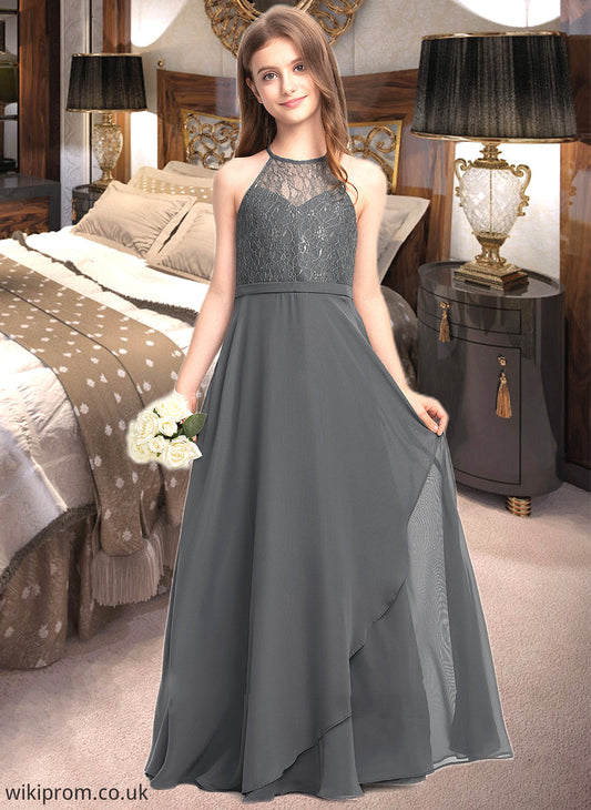 Gracelyn A-Line Scoop Neck Floor-Length Chiffon Lace Junior Bridesmaid Dress With Cascading Ruffles SWKP0013389