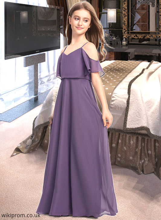 Kamari A-Line V-neck Floor-Length Chiffon Junior Bridesmaid Dress SWKP0013390