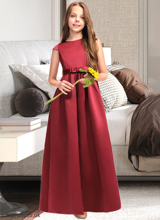 Regina A-Line Scoop Neck Floor-Length Satin Junior Bridesmaid Dress With Bow(s) Pockets SWKP0013391