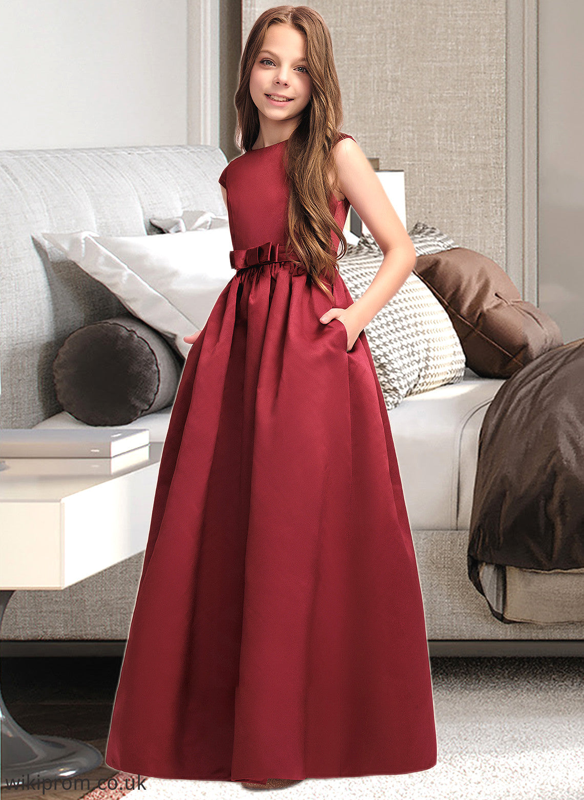 Regina A-Line Scoop Neck Floor-Length Satin Junior Bridesmaid Dress With Bow(s) Pockets SWKP0013391