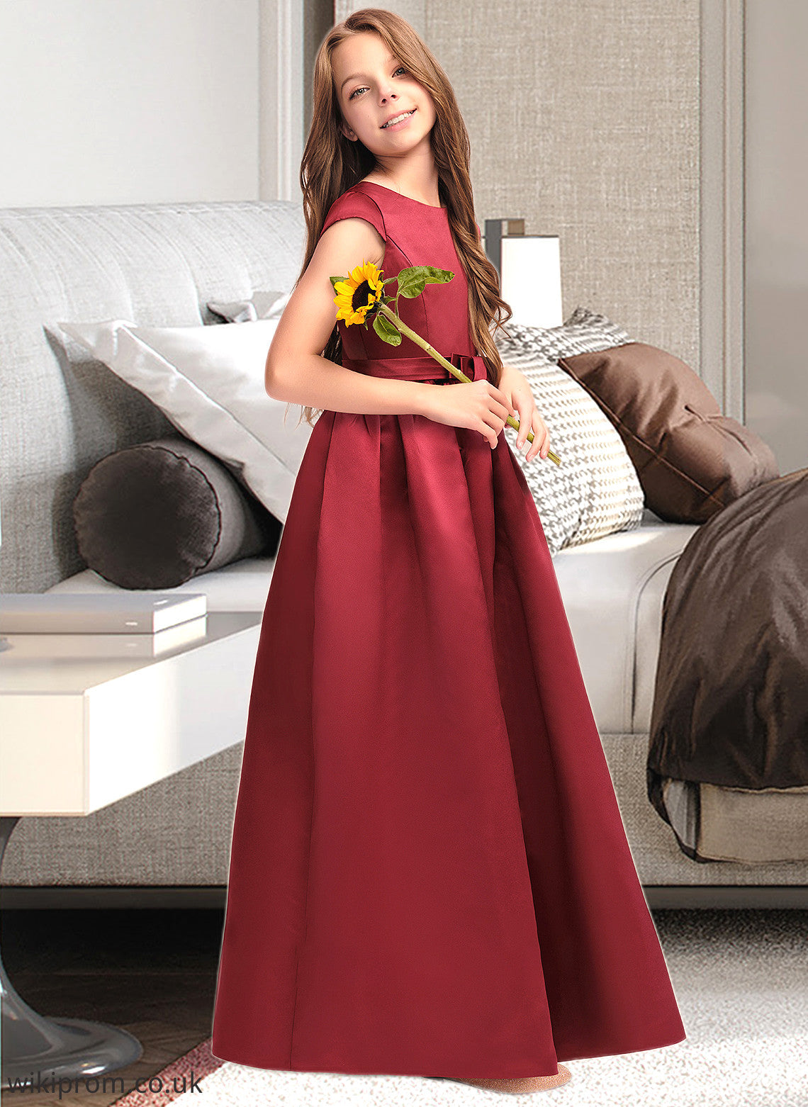 Regina A-Line Scoop Neck Floor-Length Satin Junior Bridesmaid Dress With Bow(s) Pockets SWKP0013391