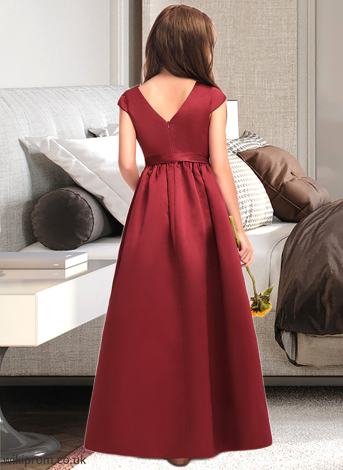 Regina A-Line Scoop Neck Floor-Length Satin Junior Bridesmaid Dress With Bow(s) Pockets SWKP0013391