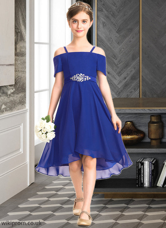 Lauretta A-Line Off-the-Shoulder Asymmetrical Chiffon Junior Bridesmaid Dress With Beading Bow(s) SWKP0013392