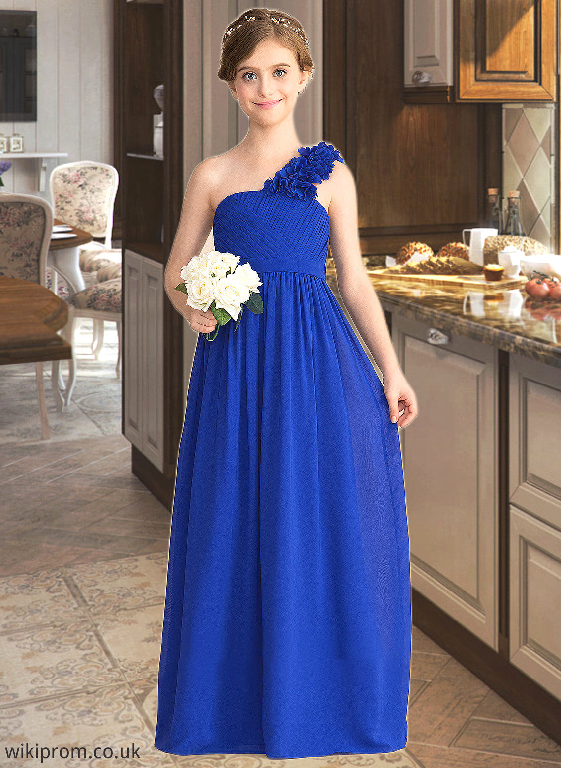 Bailee A-Line One-Shoulder Floor-Length Chiffon Junior Bridesmaid Dress With Ruffle Flower(s) SWKP0013393