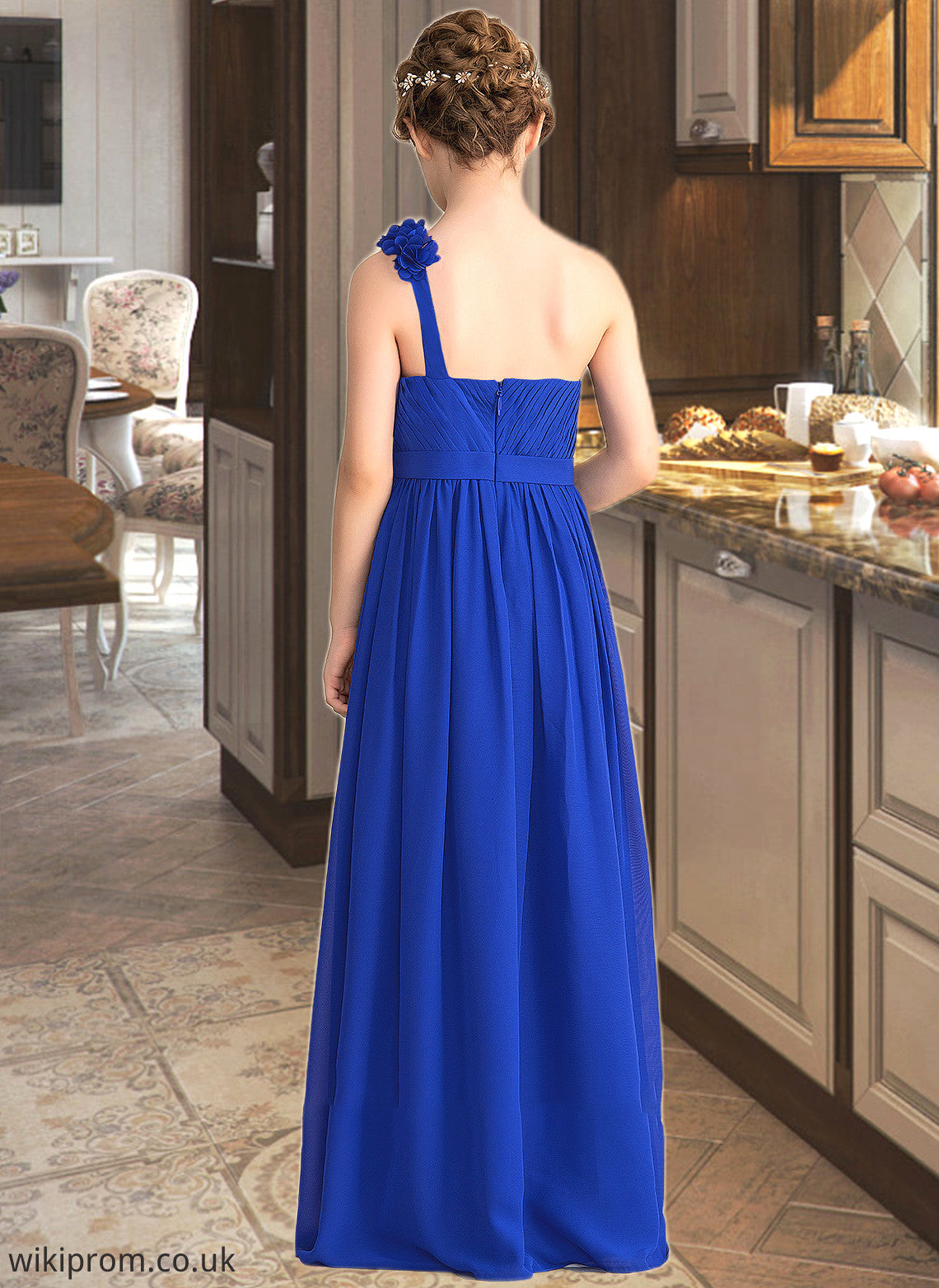 Bailee A-Line One-Shoulder Floor-Length Chiffon Junior Bridesmaid Dress With Ruffle Flower(s) SWKP0013393