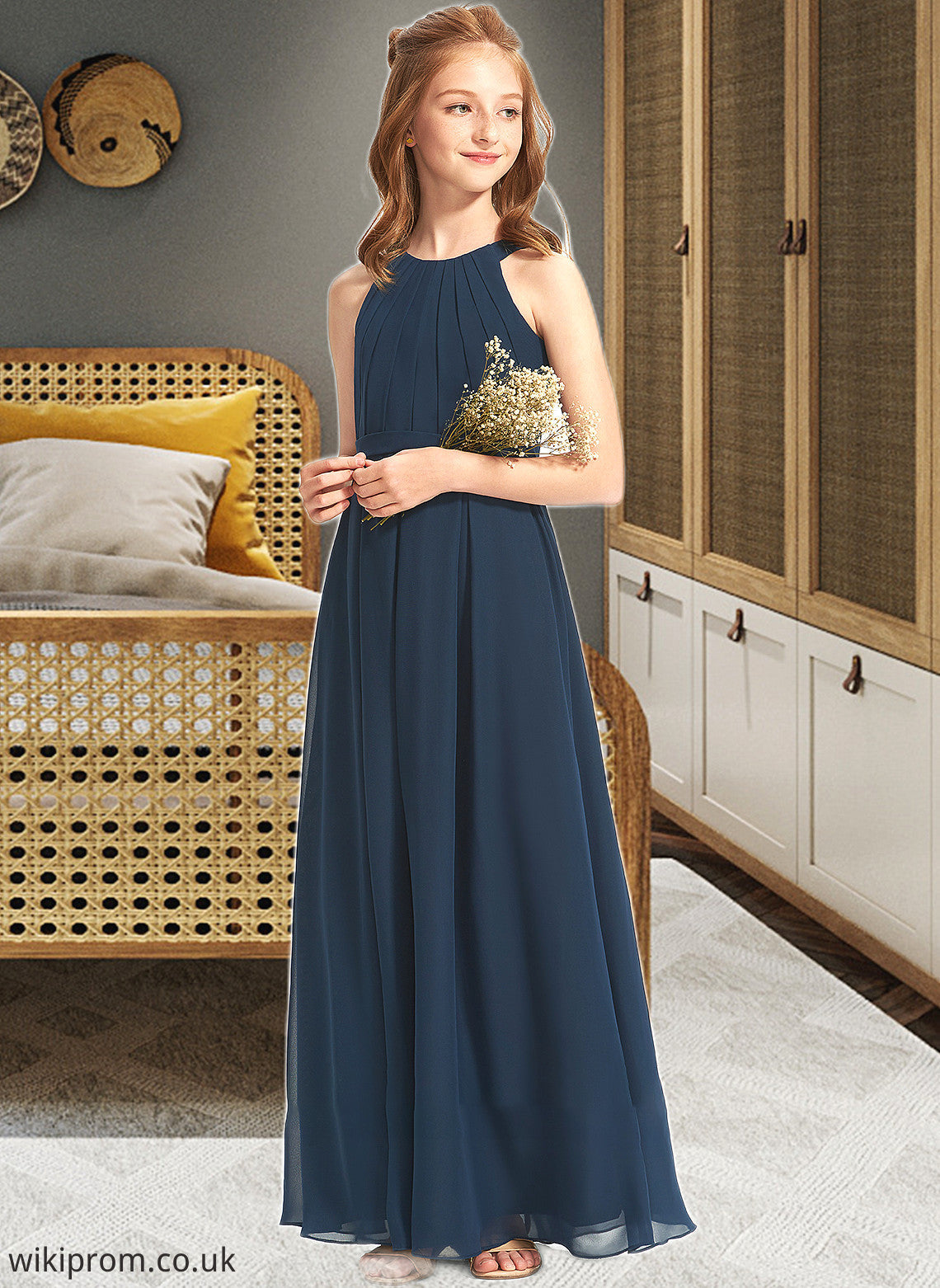 Savanah A-Line Scoop Neck Floor-Length Chiffon Junior Bridesmaid Dress With Ruffle SWKP0013397