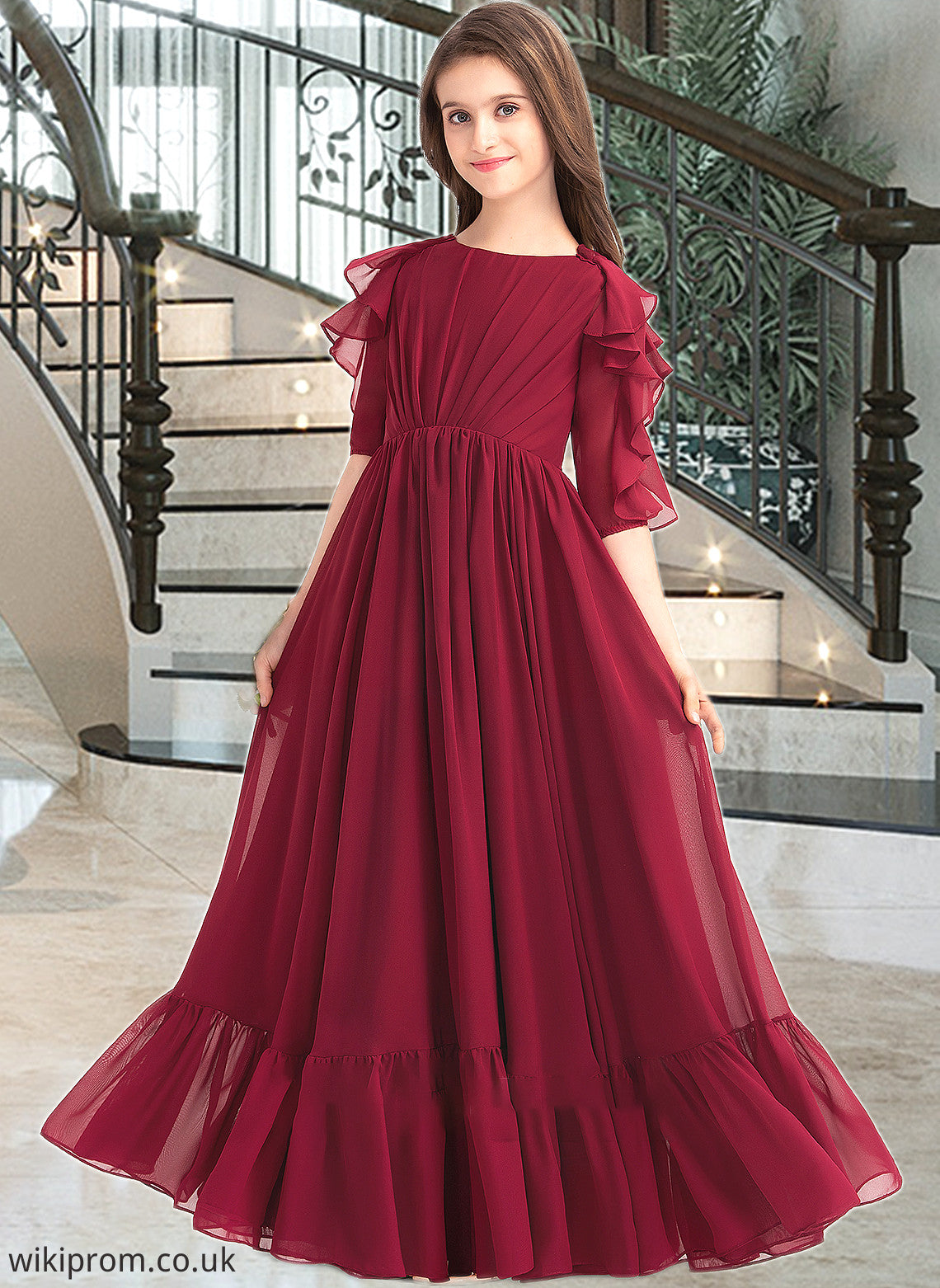 Chasity A-Line Scoop Neck Floor-Length Chiffon Junior Bridesmaid Dress With Cascading Ruffles SWKP0013398