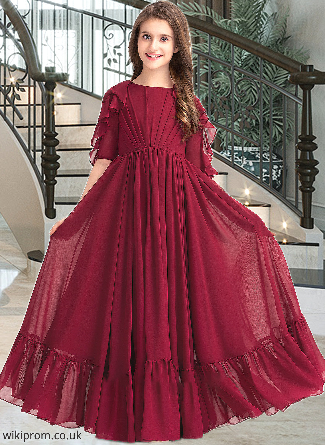 Chasity A-Line Scoop Neck Floor-Length Chiffon Junior Bridesmaid Dress With Cascading Ruffles SWKP0013398