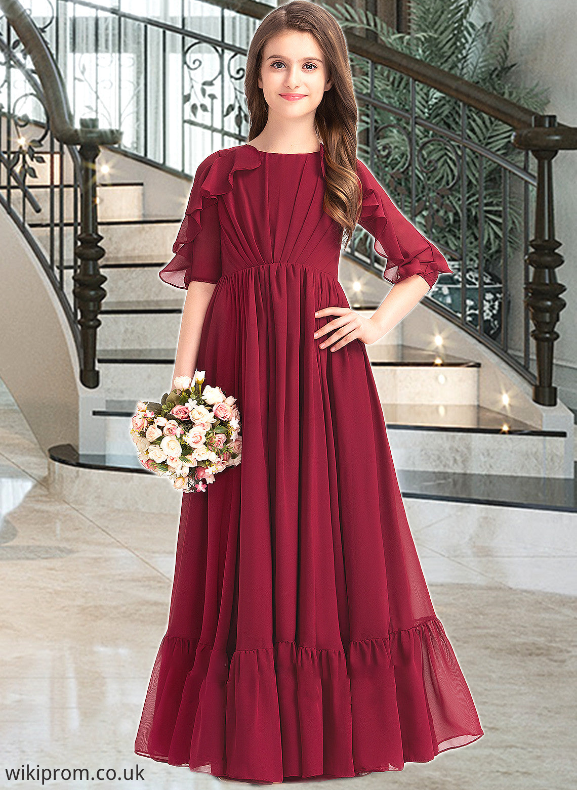 Chasity A-Line Scoop Neck Floor-Length Chiffon Junior Bridesmaid Dress With Cascading Ruffles SWKP0013398