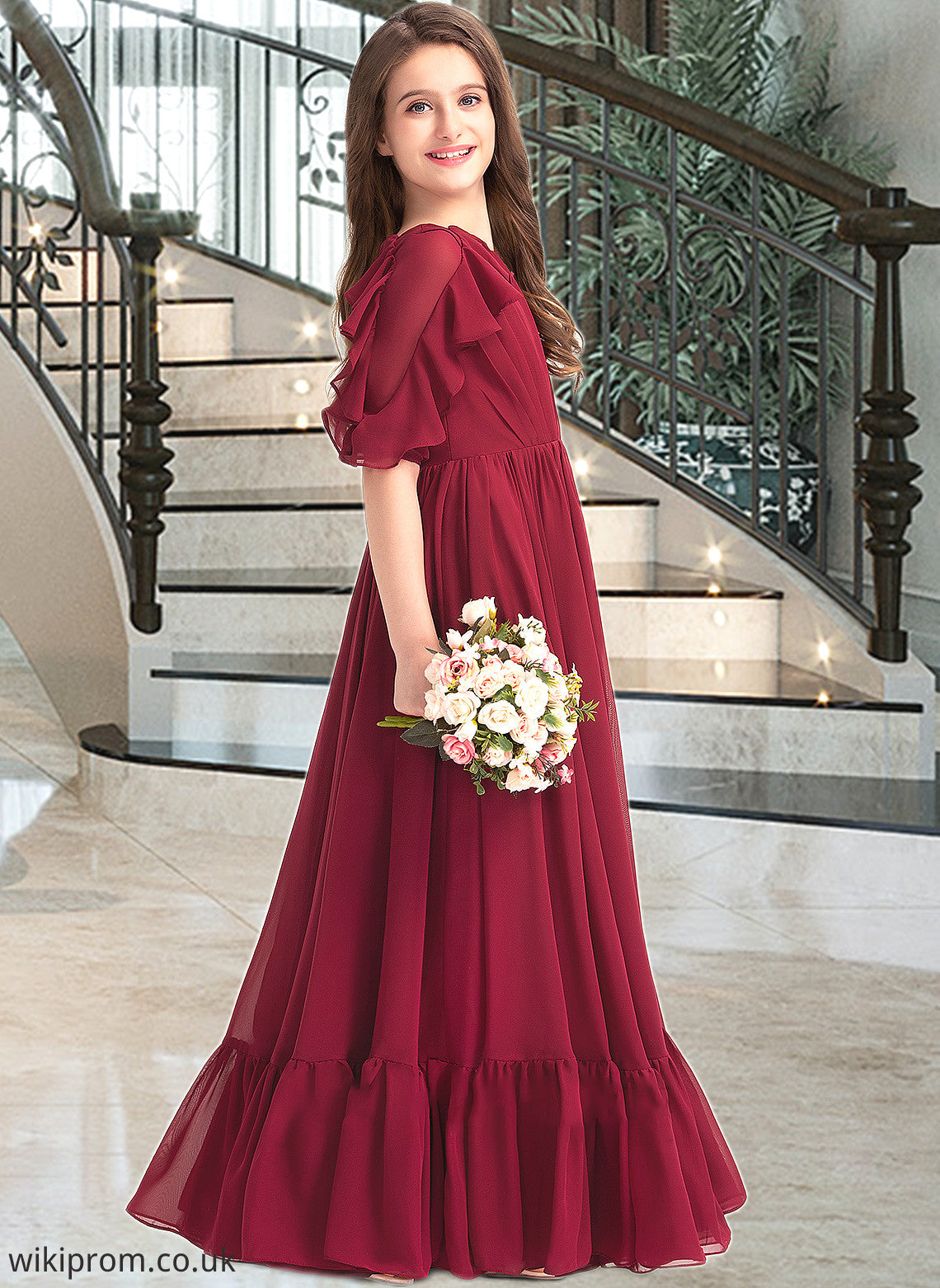 Chasity A-Line Scoop Neck Floor-Length Chiffon Junior Bridesmaid Dress With Cascading Ruffles SWKP0013398