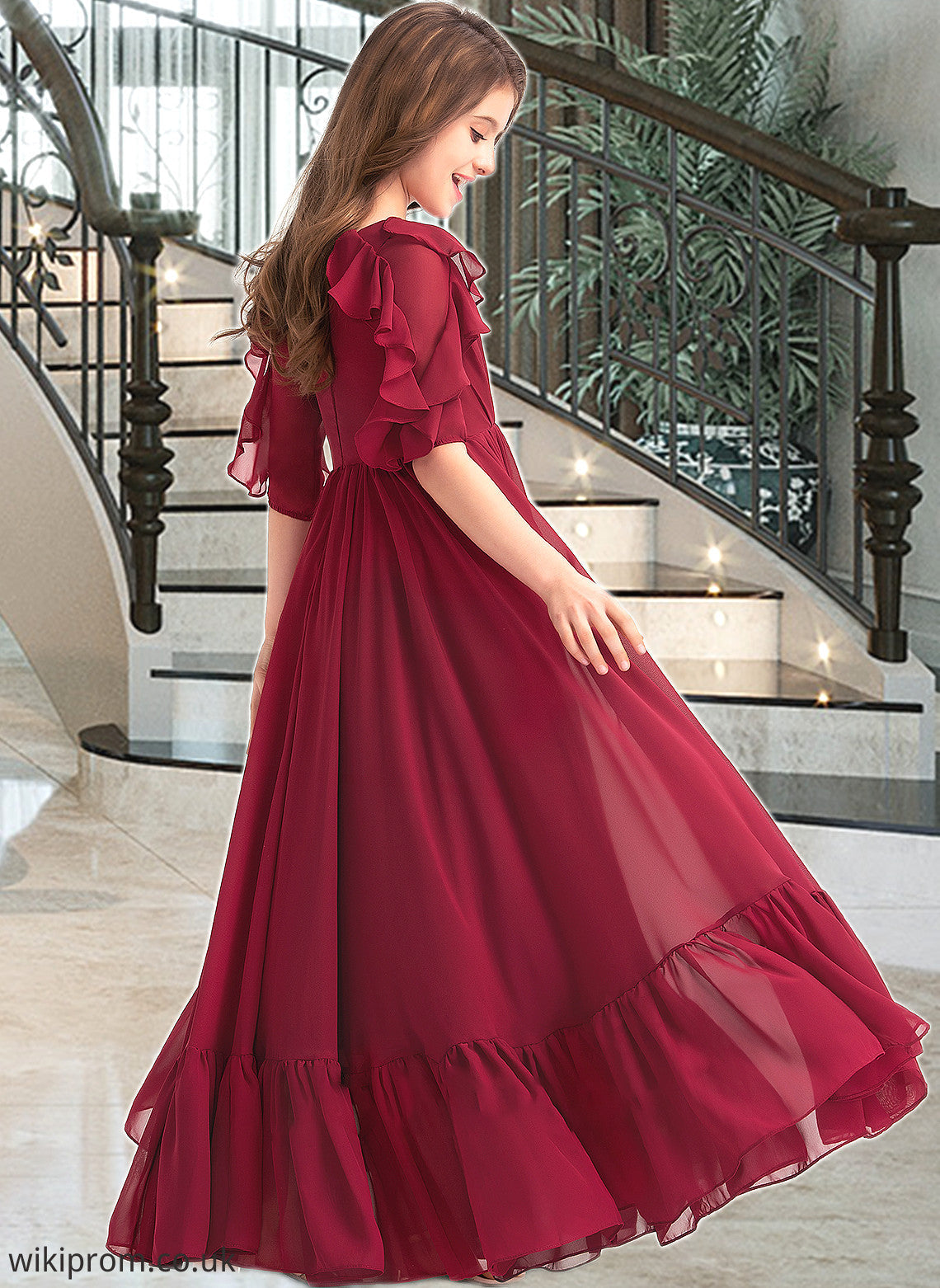 Chasity A-Line Scoop Neck Floor-Length Chiffon Junior Bridesmaid Dress With Cascading Ruffles SWKP0013398