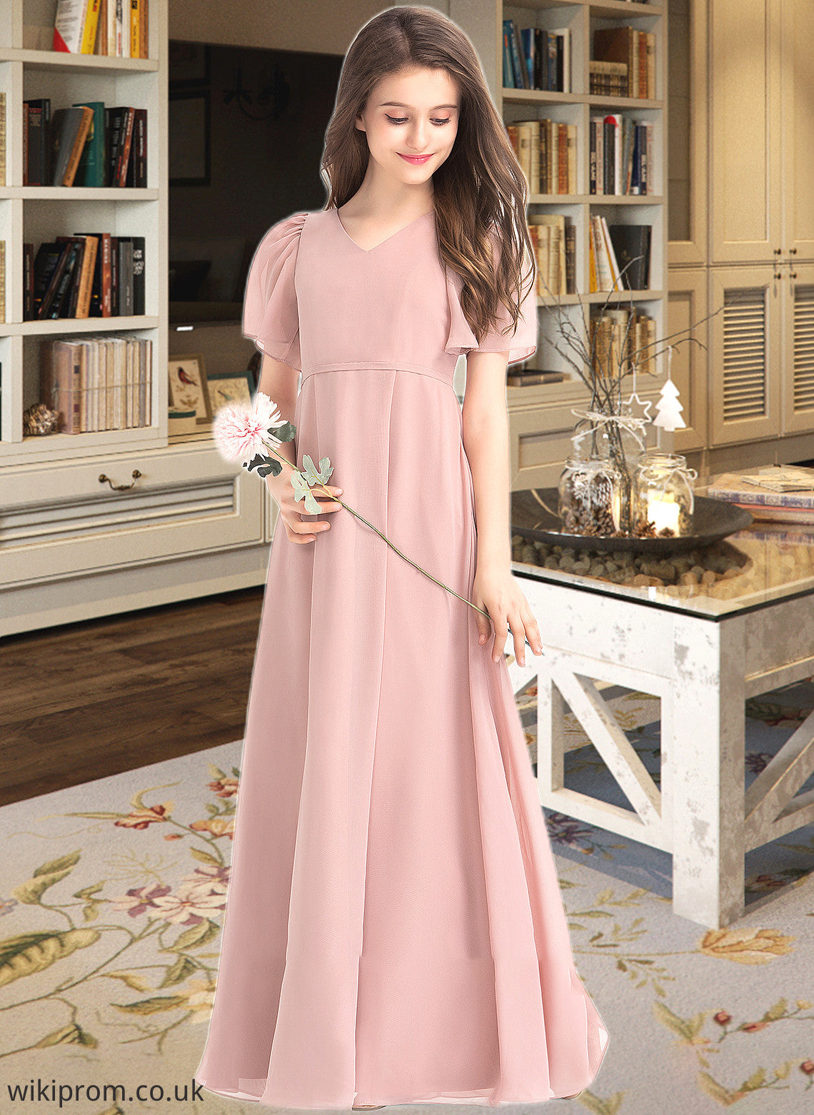 Millie A-Line V-neck Floor-Length Chiffon Junior Bridesmaid Dress With Bow(s) SWKP0013399