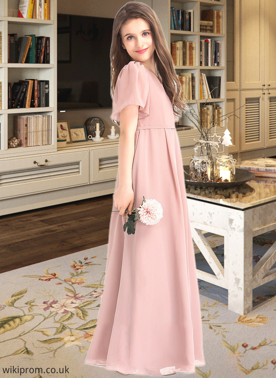 Millie A-Line V-neck Floor-Length Chiffon Junior Bridesmaid Dress With Bow(s) SWKP0013399