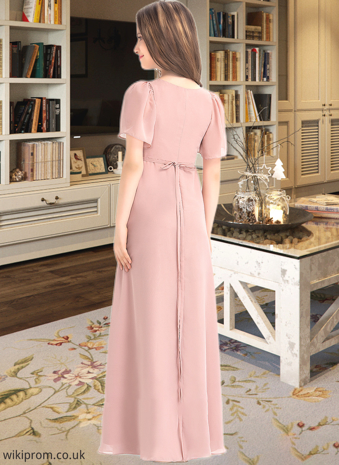 Millie A-Line V-neck Floor-Length Chiffon Junior Bridesmaid Dress With Bow(s) SWKP0013399