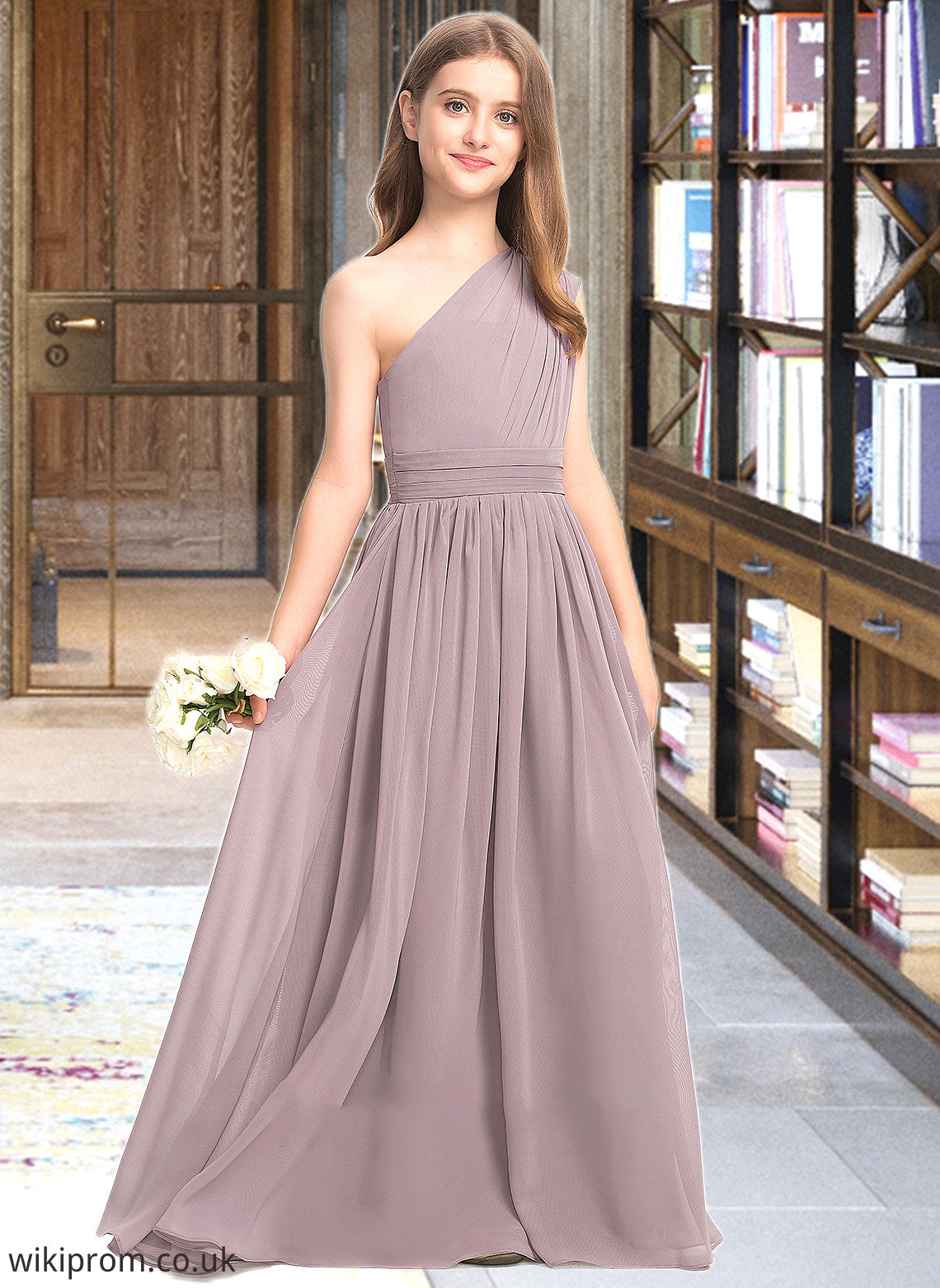 Kamari A-Line One-Shoulder Floor-Length Chiffon Junior Bridesmaid Dress With Ruffle SWKP0013400