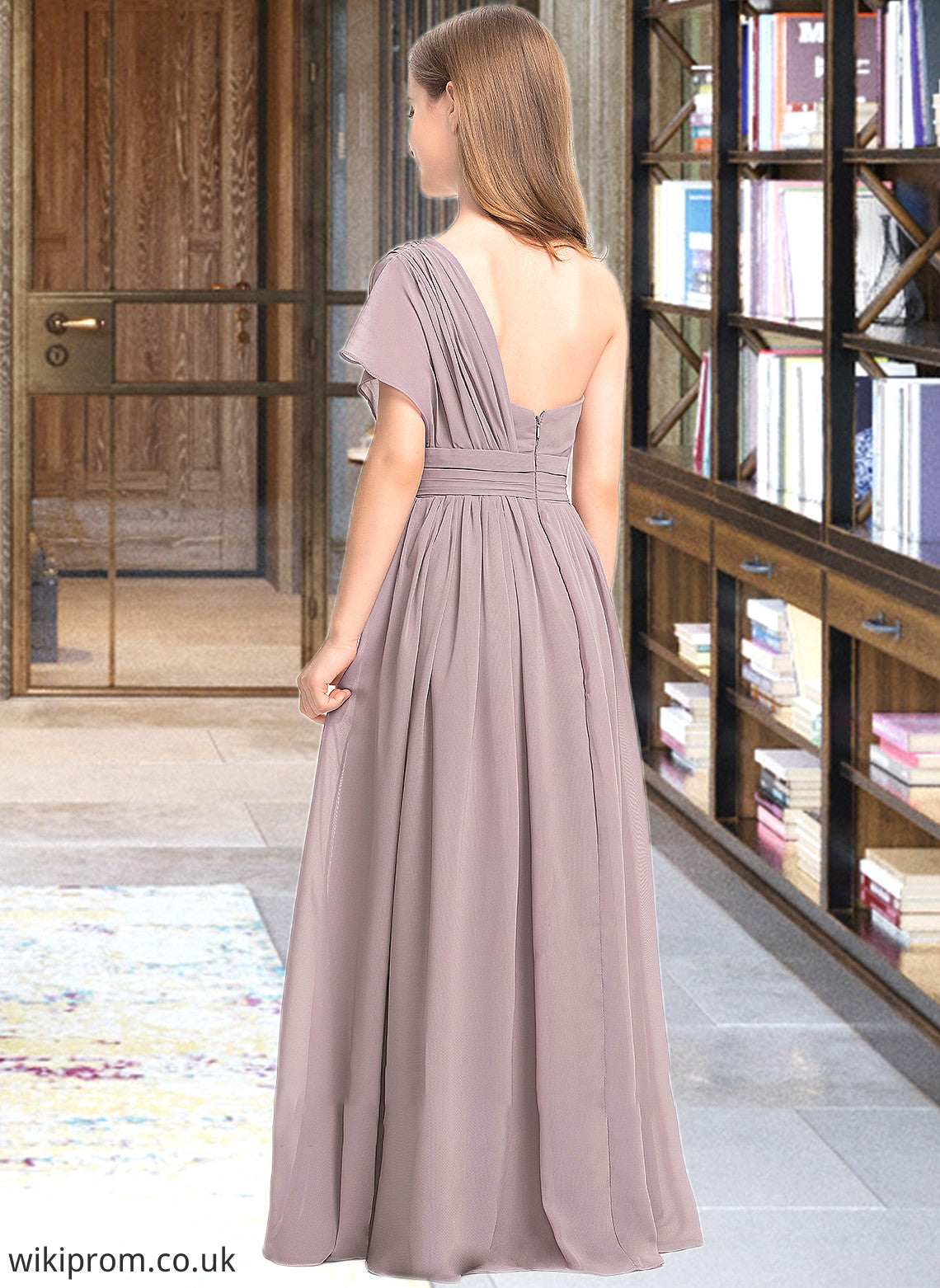 Kamari A-Line One-Shoulder Floor-Length Chiffon Junior Bridesmaid Dress With Ruffle SWKP0013400