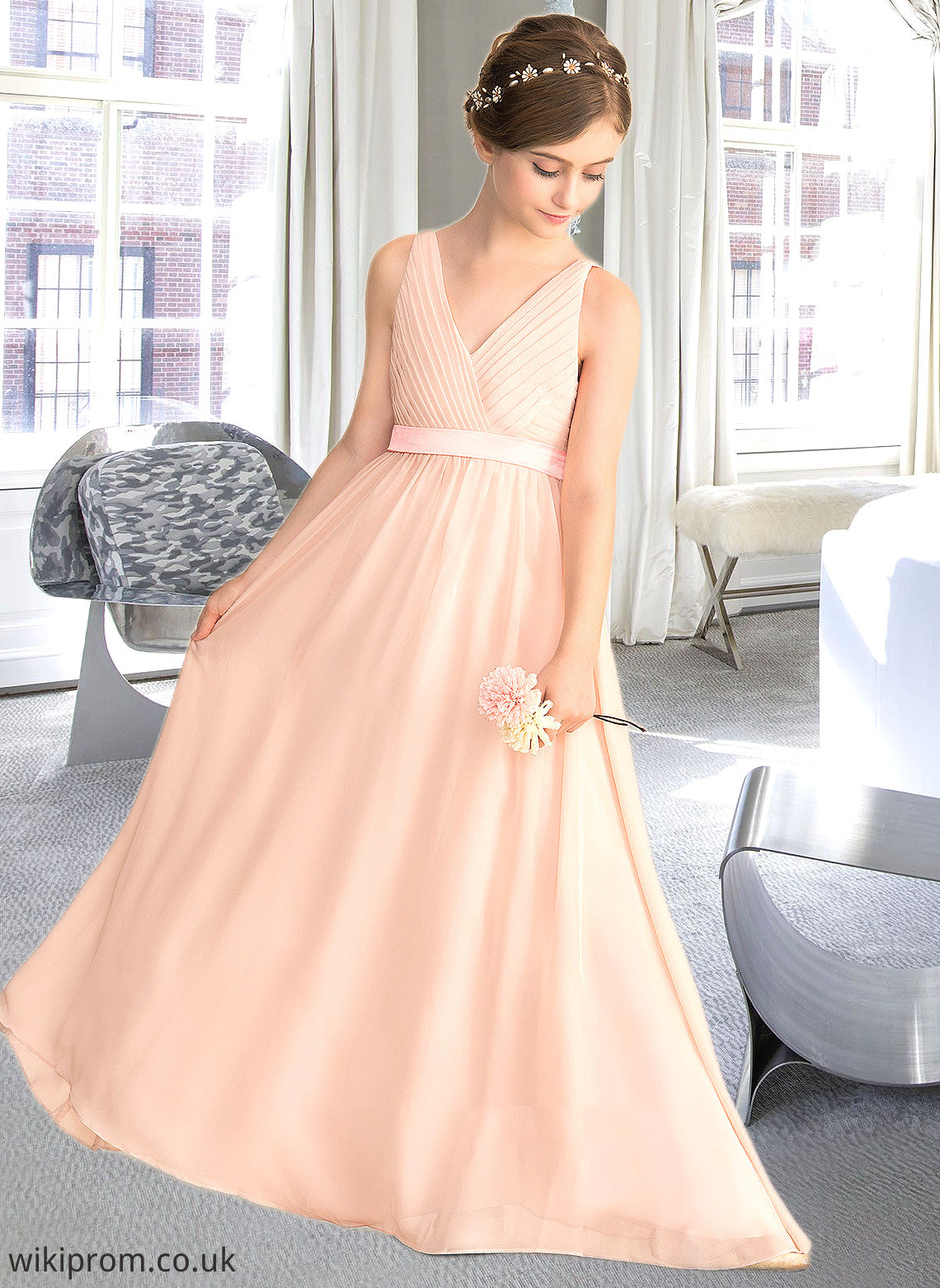 Sara A-Line V-neck Floor-Length Chiffon Junior Bridesmaid Dress With Ruffle Bow(s) SWKP0013402