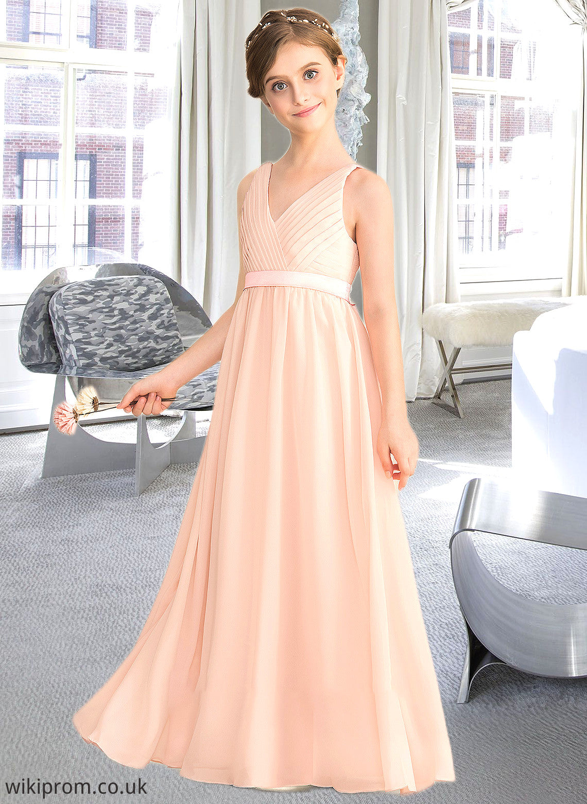 Sara A-Line V-neck Floor-Length Chiffon Junior Bridesmaid Dress With Ruffle Bow(s) SWKP0013402