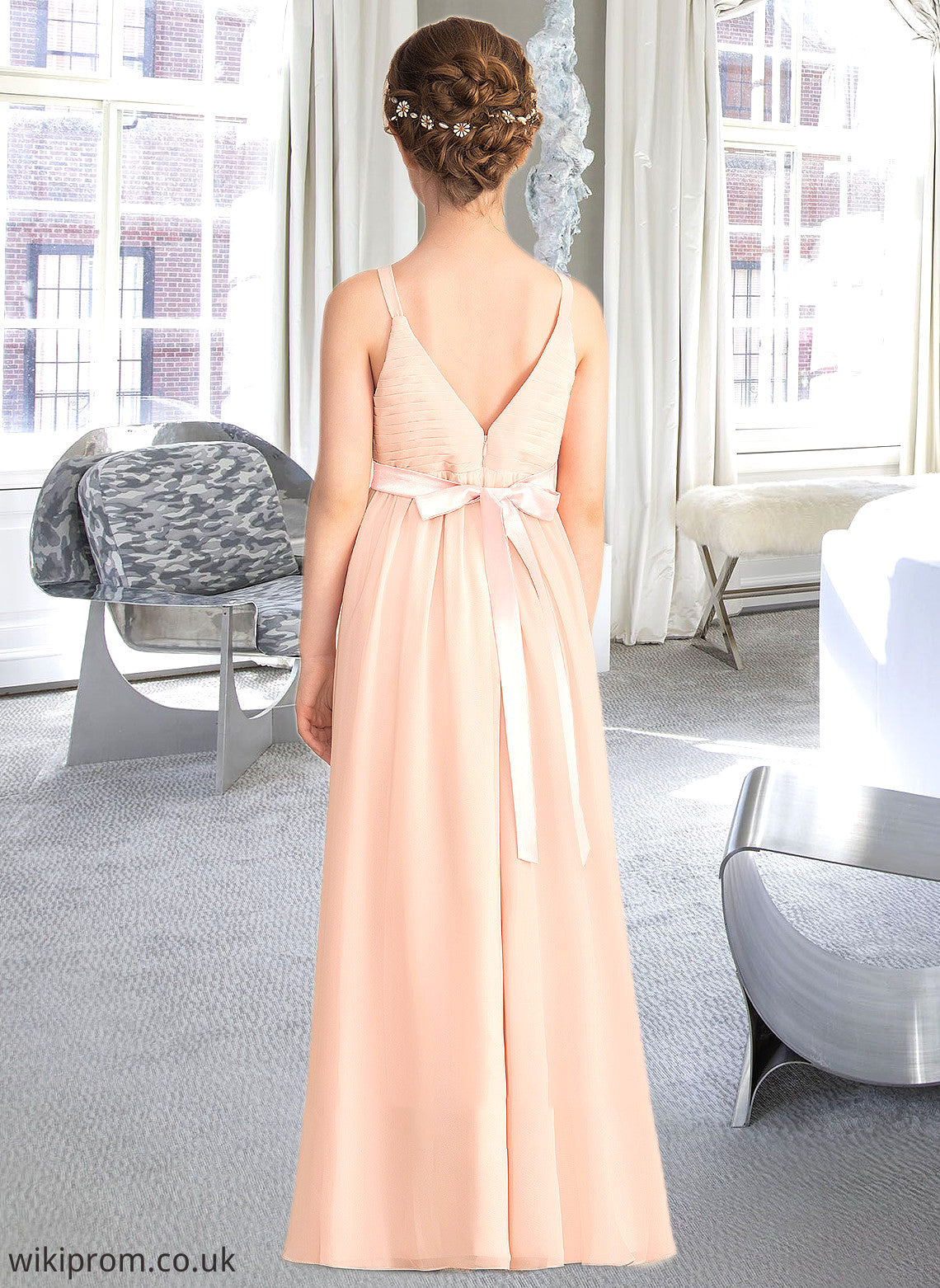 Sara A-Line V-neck Floor-Length Chiffon Junior Bridesmaid Dress With Ruffle Bow(s) SWKP0013402