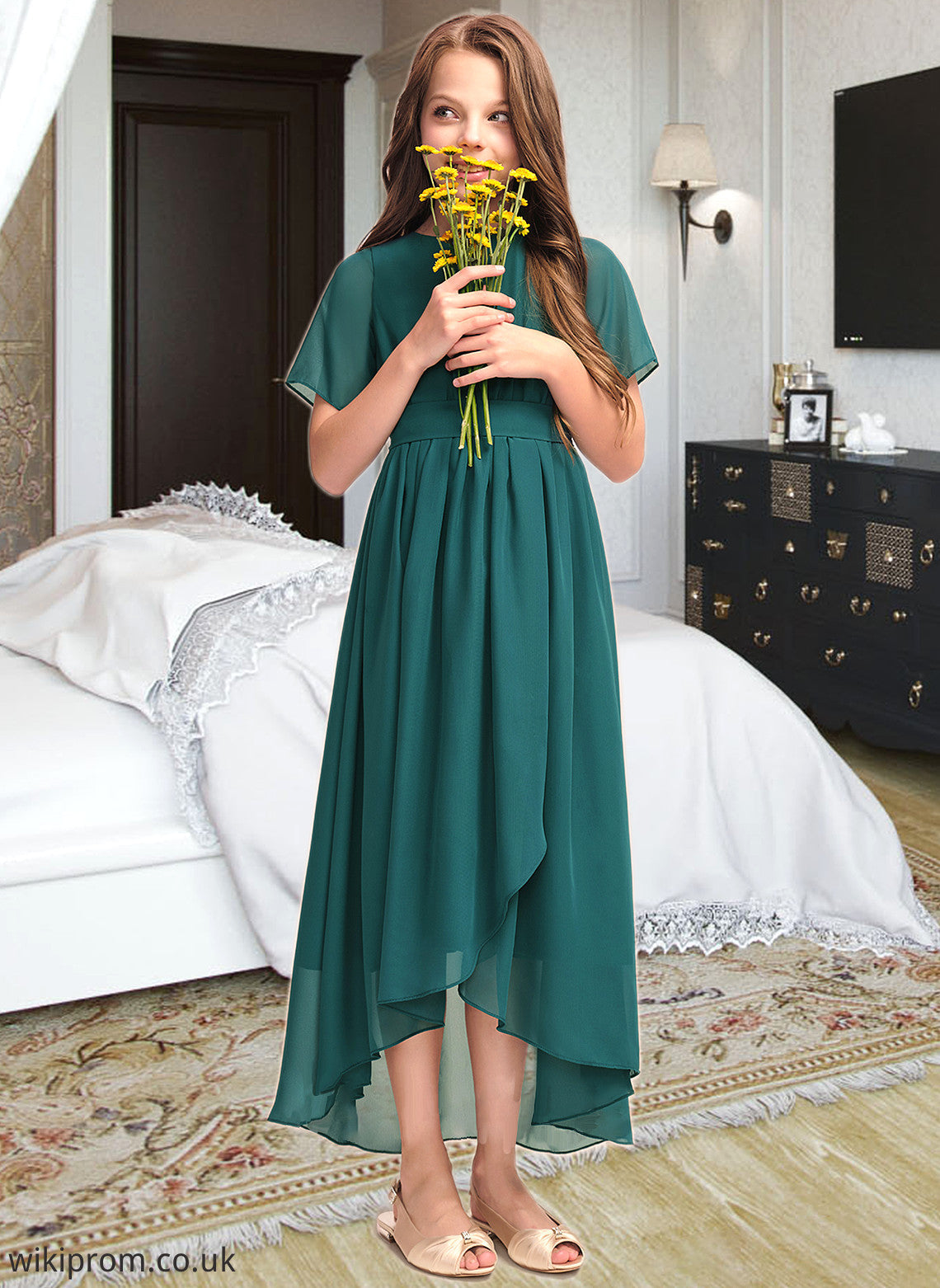 Yvonne A-Line Scoop Neck Asymmetrical Chiffon Junior Bridesmaid Dress With Ruffle Bow(s) SWKP0013403