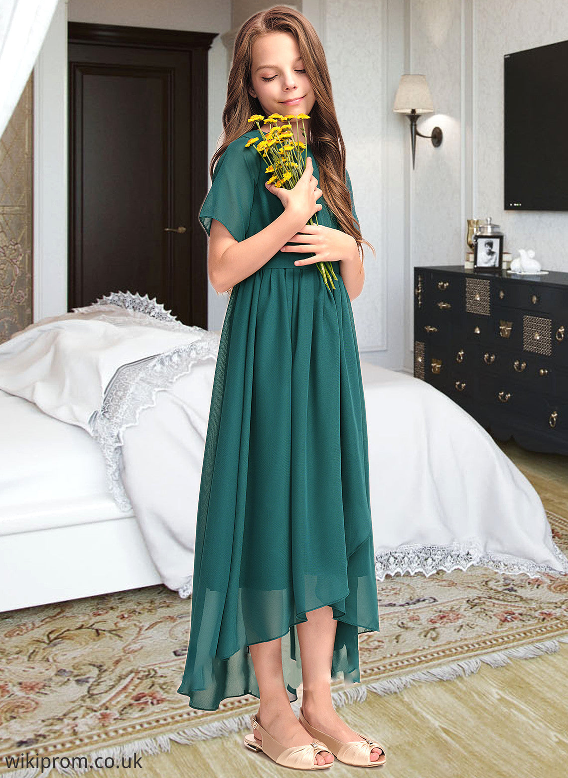 Yvonne A-Line Scoop Neck Asymmetrical Chiffon Junior Bridesmaid Dress With Ruffle Bow(s) SWKP0013403