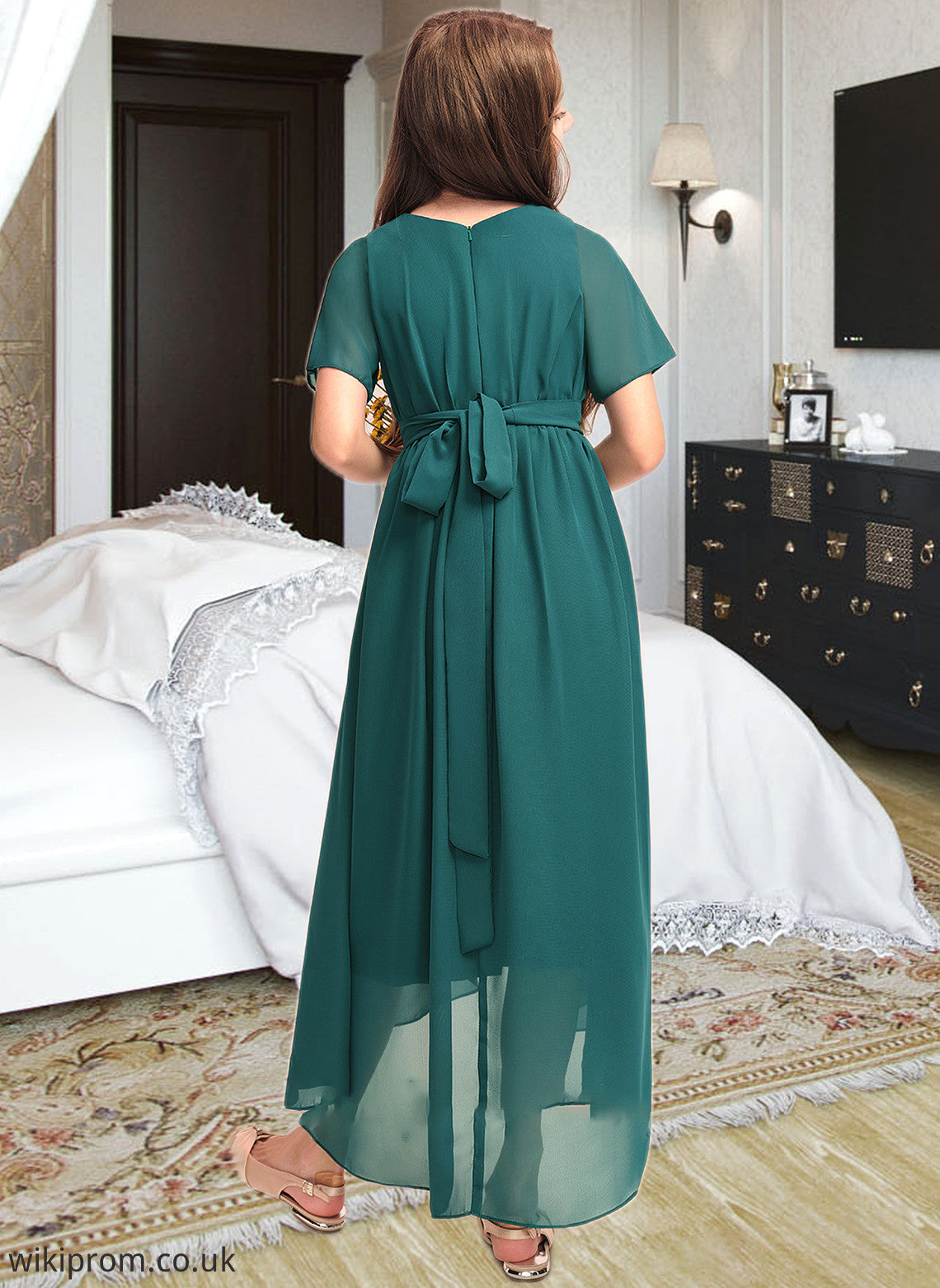 Yvonne A-Line Scoop Neck Asymmetrical Chiffon Junior Bridesmaid Dress With Ruffle Bow(s) SWKP0013403