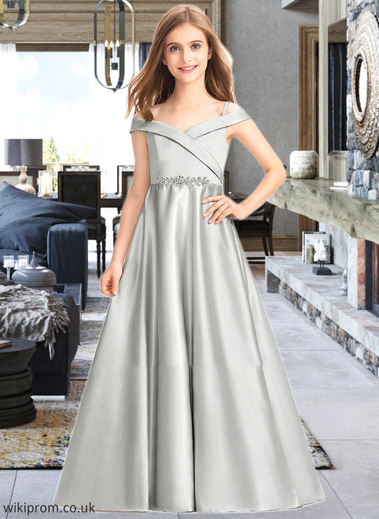 Kenley Ball-Gown/Princess Off-the-Shoulder Floor-Length Satin Junior Bridesmaid Dress SWKP0013404