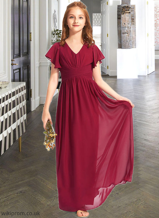 Selina A-Line V-neck Floor-Length Chiffon Junior Bridesmaid Dress With Ruffle SWKP0013405