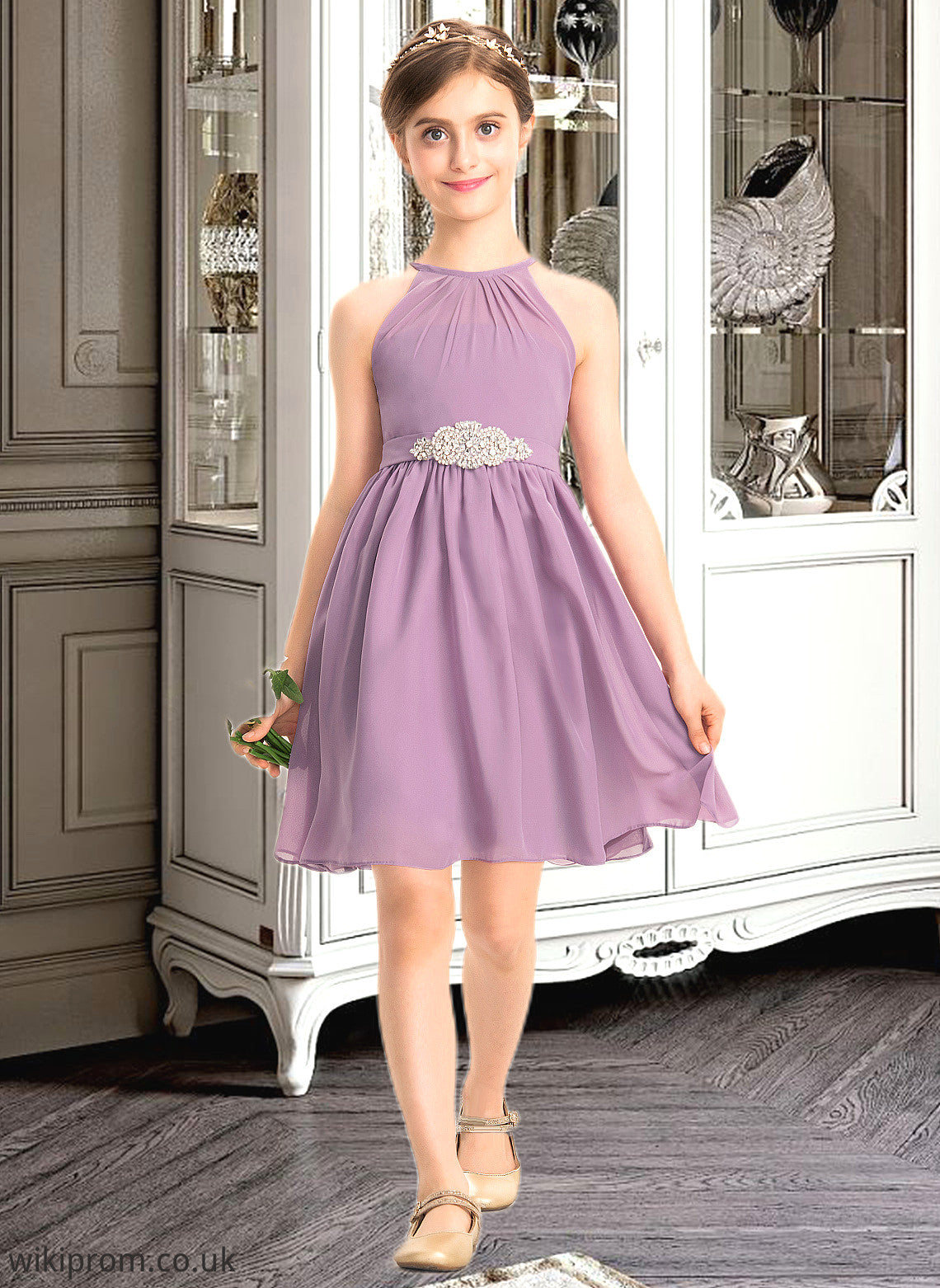 Brielle A-Line Scoop Neck Knee-Length Chiffon Junior Bridesmaid Dress With Ruffle Beading SWKP0013407