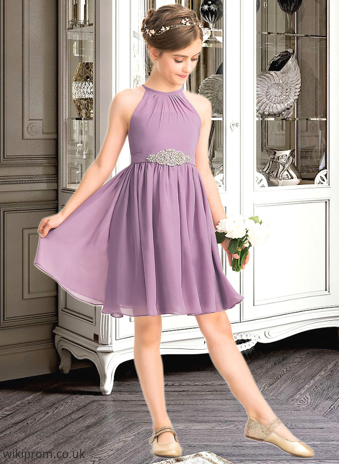 Brielle A-Line Scoop Neck Knee-Length Chiffon Junior Bridesmaid Dress With Ruffle Beading SWKP0013407