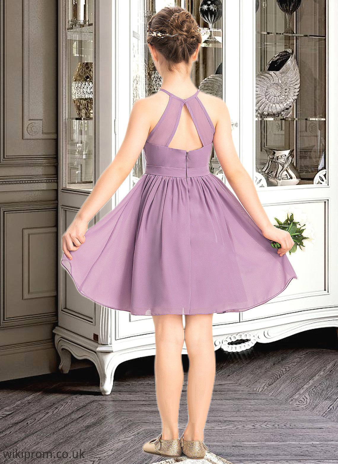 Brielle A-Line Scoop Neck Knee-Length Chiffon Junior Bridesmaid Dress With Ruffle Beading SWKP0013407